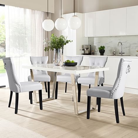 Milento Dining Table & 6 Kensington Chairs, White High Gloss & Chrome, Light Grey Classic Faux Leather & Black Solid Hardwood, 150cm