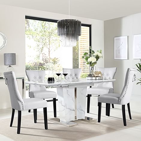 Vienna Extending Dining Table & 4 Kensington Chairs, White Marble Effect, Light Grey Classic Faux Leather & Black Solid Hardwood, 120-160cm