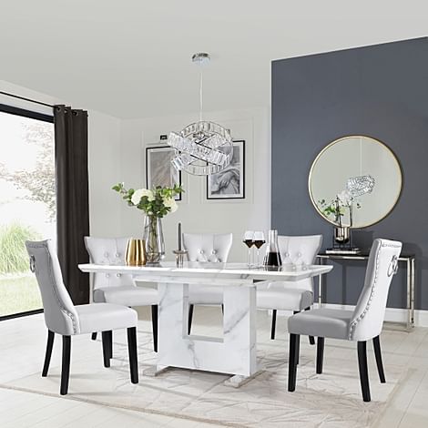 Florence Extending Dining Table & 4 Kensington Chairs, White Marble Effect, Light Grey Classic Faux Leather & Black Solid Hardwood, 120-160cm