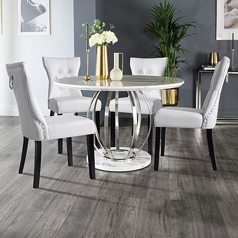 Savoy Round Dining Table & 4 Kensington Chairs, White Marble Effect & Chrome, Light Grey Classic Faux Leather & Black Solid Hardwood, 120cm