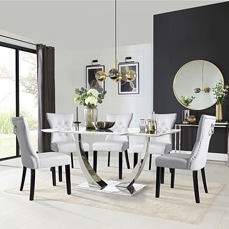 Peake Dining Table & 4 Kensington Chairs, White Marble Effect & Chrome, Light Grey Classic Faux Leather & Black Solid Hardwood, 160cm