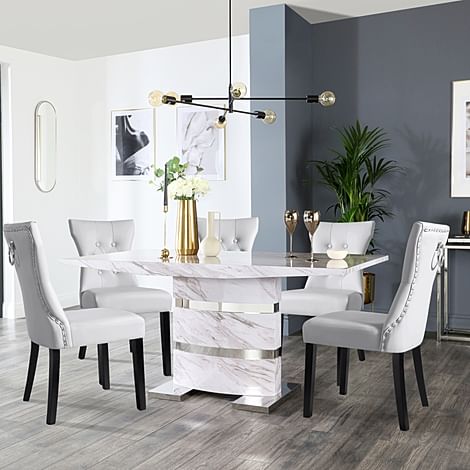 Komoro Dining Table & 6 Kensington Chairs, Grey Marble Effect & Chrome, Light Grey Classic Faux Leather & Black Solid Hardwood, 160cm