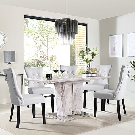 Vienna Extending Dining Table & 6 Kensington Chairs, Grey Marble Effect, Light Grey Classic Faux Leather & Black Solid Hardwood, 120-160cm