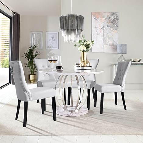 Savoy Round Dining Table & 4 Kensington Chairs, Grey Marble Effect & Chrome, Light Grey Classic Faux Leather & Black Solid Hardwood, 120cm