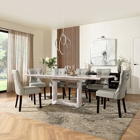 Tokyo Extending Dining Table & 4 Kensington Chairs, Grey Marble Effect, Light Grey Classic Faux Leather & Black Solid Hardwood, 160-220cm