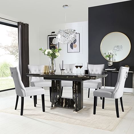 Florence Extending Dining Table & 4 Kensington Chairs, Black Marble Effect, Light Grey Classic Faux Leather & Black Solid Hardwood, 120-160cm