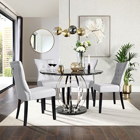 Savoy Round Dining Table & 4 Kensington Chairs, Black Marble Effect & Chrome, Light Grey Classic Faux Leather & Black Solid Hardwood, 120cm
