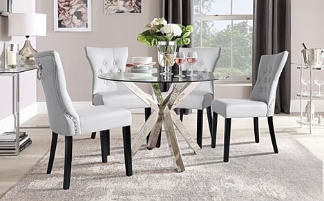 Plaza Round Dining Table & 4 Kensington Chairs, Glass & Chrome, Light Grey Classic Faux Leather & Black Solid Hardwood, 110cm