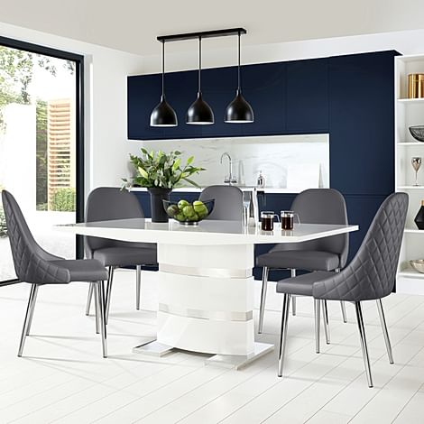 Komoro Dining Table & 4 Ricco Chairs, White High Gloss & Chrome, Grey Premium Faux Leather, 160cm