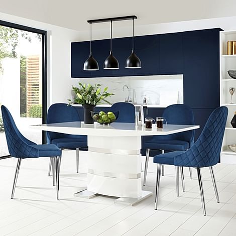 Komoro Dining Table & 4 Ricco Chairs, White High Gloss & Chrome, Blue Classic Velvet, 160cm