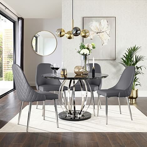 Savoy Round Dining Table & 4 Ricco Chairs, Black Marble Effect & Chrome, Grey Premium Faux Leather, 120cm