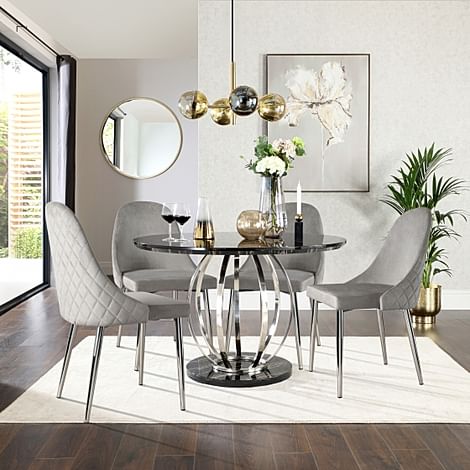 Savoy Round Dining Table & 4 Ricco Chairs, Black Marble Effect & Chrome, Grey Classic Velvet, 120cm