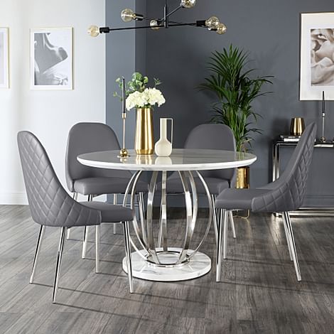 Savoy Round Dining Table & 4 Ricco Chairs, White Marble Effect & Chrome, Grey Premium Faux Leather, 120cm
