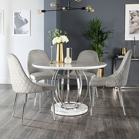 Savoy Round Dining Table & 4 Ricco Chairs, White Marble Effect & Chrome, Grey Classic Velvet, 120cm