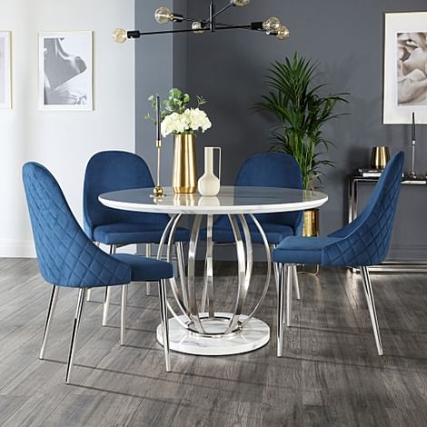 Savoy Round Dining Table & 4 Ricco Chairs, White Marble Effect & Chrome, Blue Classic Velvet, 120cm