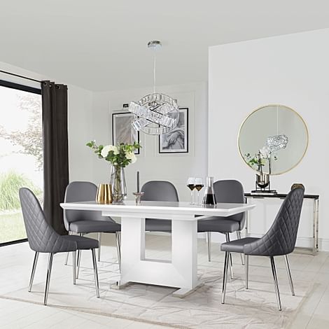 Florence Extending Dining Table & 4 Ricco Chairs, White High Gloss, Grey Premium Faux Leather & Chrome, 120-160cm