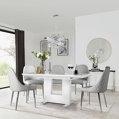 Florence Extending Dining Table & 4 Ricco Chairs, White High Gloss, Light Grey Premium Faux Leather & Chrome, 120-160cm