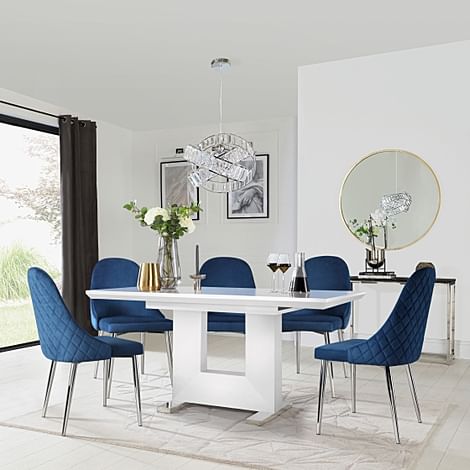 Florence Extending Dining Table & 4 Ricco Chairs, White High Gloss, Blue Classic Velvet & Chrome, 120-160cm