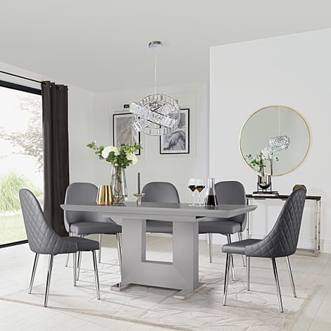 Florence Extending Dining Table & 4 Ricco Chairs, Grey High Gloss, Grey Premium Faux Leather & Chrome, 120-160cm