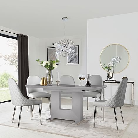 Florence Extending Dining Table & 4 Ricco Chairs, Grey High Gloss, Light Grey Premium Faux Leather & Chrome, 120-160cm