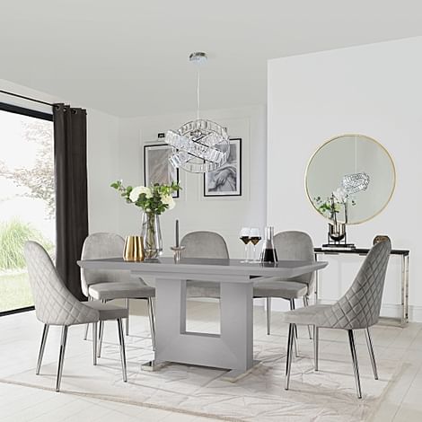Florence Extending Dining Table & 4 Ricco Chairs, Grey High Gloss, Grey Classic Velvet & Chrome, 120-160cm