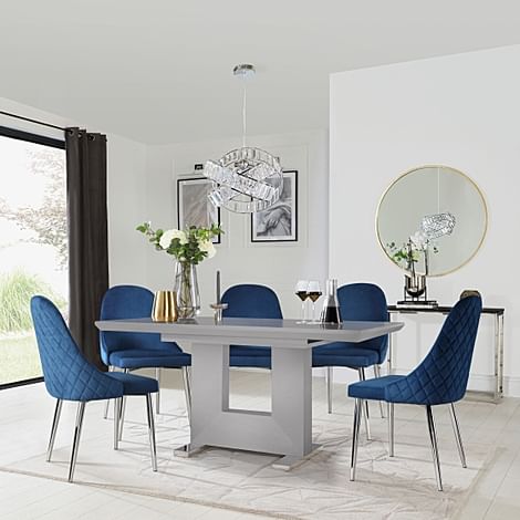 Florence Extending Dining Table & 4 Ricco Chairs, Grey High Gloss, Blue Classic Velvet & Chrome, 120-160cm