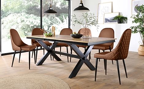 Grange Extending Dining Table & 4 Ricco Chairs, Natural Oak Veneer & Black Solid Hardwood, Tan Premium Faux Leather & Black Steel, 180-220cm