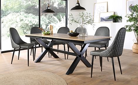Grange Extending Dining Table & 4 Ricco Chairs, Natural Oak Veneer & Black Solid Hardwood, Vintage Grey Premium Faux Leather & Black Steel, 180-220cm