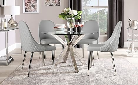 Plaza Round Dining Table & 4 Ricco Chairs, Glass & Chrome, Light Grey Premium Faux Leather, 110cm