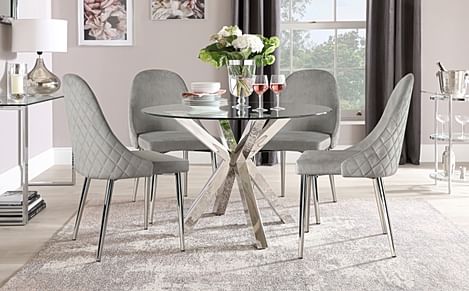 Plaza Round Dining Table & 4 Ricco Chairs, Glass & Chrome, Grey Classic Velvet, 110cm