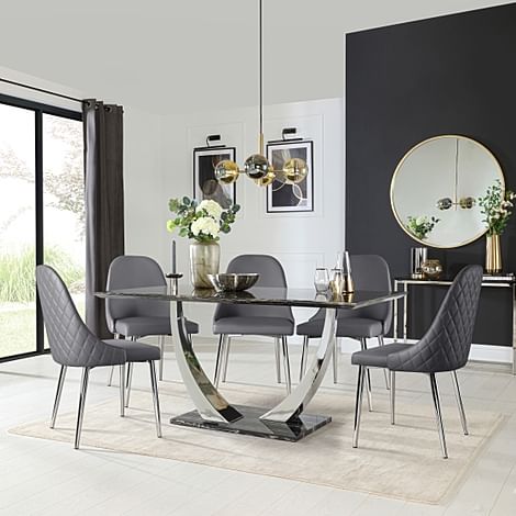 Peake Dining Table & 4 Ricco Chairs, Black Marble Effect & Chrome, Grey Premium Faux Leather, 160cm