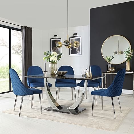 Peake Dining Table & 4 Ricco Chairs, Black Marble Effect & Chrome, Blue Classic Velvet, 160cm