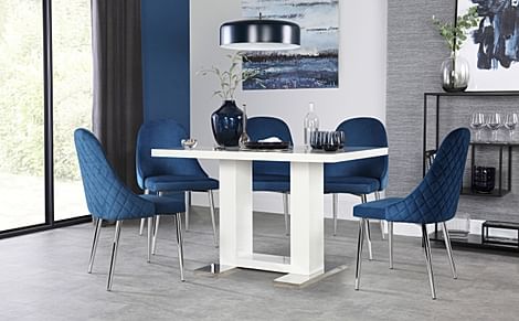 Joule Dining Table & 4 Ricco Chairs, White High Gloss, Blue Classic Velvet & Chrome, 120cm