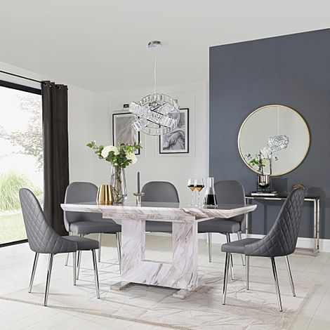 Florence Extending Dining Table & 4 Ricco Chairs, Grey Marble Effect, Grey Premium Faux Leather & Chrome, 120-160cm