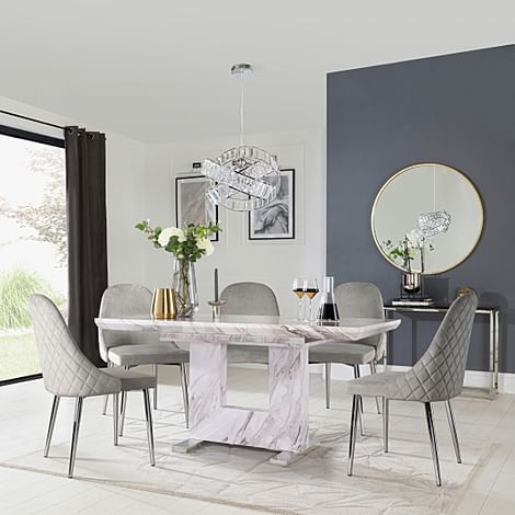Florence Extending Dining Table & 4 Ricco Chairs, Grey Marble Effect, Grey Classic Velvet & Chrome, 120-160cm