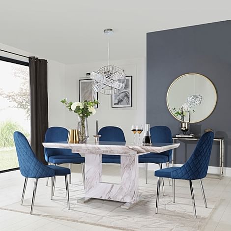 Florence Extending Dining Table & 4 Ricco Chairs, Grey Marble Effect, Blue Classic Velvet & Chrome, 120-160cm