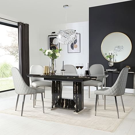 Florence Extending Dining Table & 4 Ricco Chairs, Black Marble Effect, Light Grey Premium Faux Leather & Chrome, 120-160cm