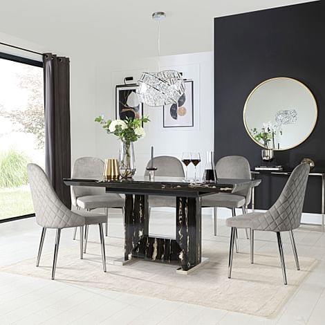 Florence Extending Dining Table & 4 Ricco Chairs, Black Marble Effect, Grey Classic Velvet & Chrome, 120-160cm