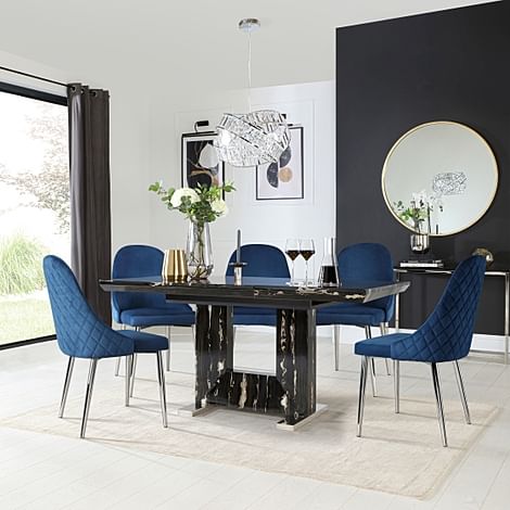 Florence Extending Dining Table & 4 Ricco Chairs, Black Marble Effect, Blue Classic Velvet & Chrome, 120-160cm