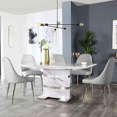 Komoro Dining Table & 6 Ricco Chairs, Grey Marble Effect & Chrome, Light Grey Premium Faux Leather, 160cm
