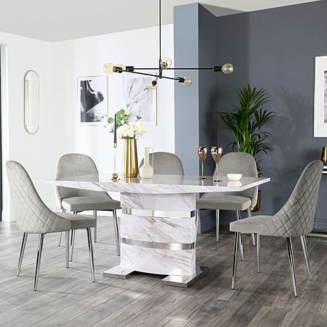 Komoro Dining Table & 4 Ricco Chairs, Grey Marble Effect & Chrome, Grey Classic Velvet, 160cm