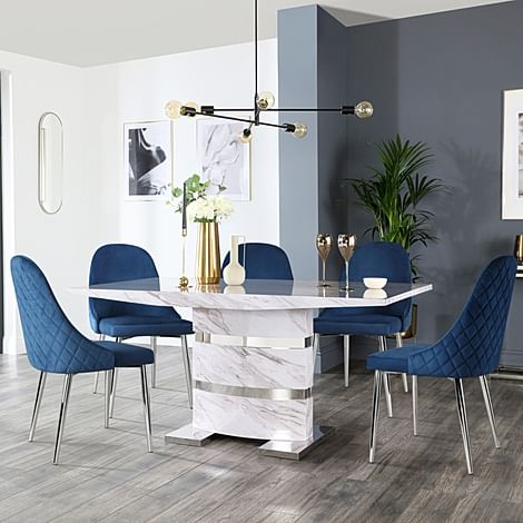 Komoro Dining Table & 6 Ricco Chairs, Grey Marble Effect & Chrome, Blue Classic Velvet, 160cm