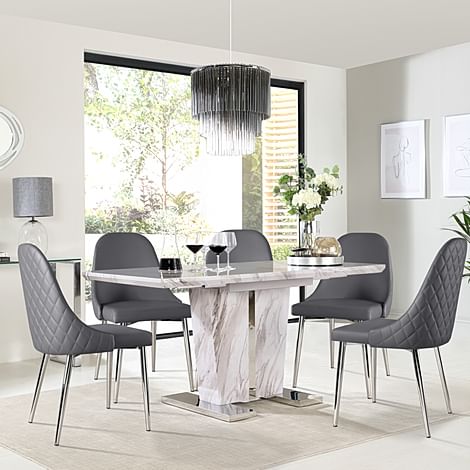 Vienna Extending Dining Table & 4 Ricco Chairs, Grey Marble Effect, Grey Premium Faux Leather & Chrome, 120-160cm