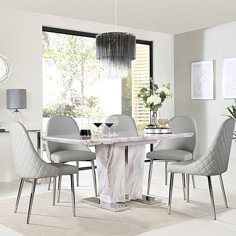 Vienna Extending Dining Table & 4 Ricco Chairs, Grey Marble Effect, Light Grey Premium Faux Leather & Chrome, 120-160cm