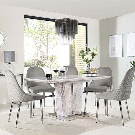 Vienna Extending Dining Table & 4 Ricco Chairs, Grey Marble Effect, Grey Classic Velvet & Chrome, 120-160cm