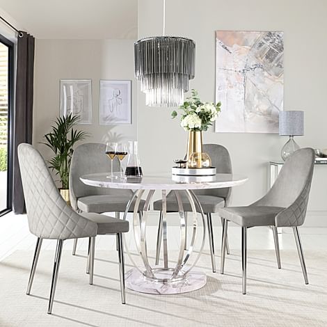 Savoy Round Dining Table & 4 Ricco Chairs, Grey Marble Effect & Chrome, Grey Classic Velvet, 120cm