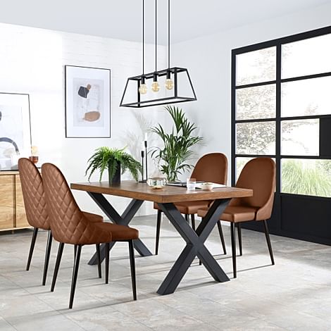 Franklin Industrial Dining Table & 4 Ricco Chairs, Dark Oak Veneer & Black Steel, Tan Premium Faux Leather, 150cm