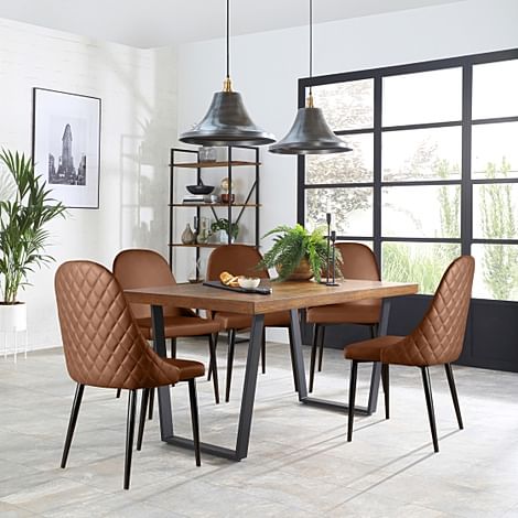 Addison Industrial Dining Table & 4 Ricco Chairs, Dark Oak Veneer & Black Steel, Tan Premium Faux Leather, 150cm