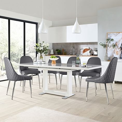 Tokyo Extending Dining Table & 4 Ricco Chairs, White High Gloss, Grey Premium Faux Leather & Chrome, 160-220cm