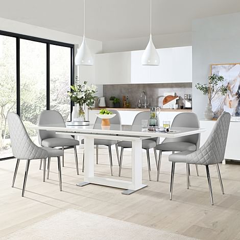 Tokyo Extending Dining Table & 8 Ricco Chairs, White High Gloss, Light Grey Premium Faux Leather & Chrome, 160-220cm